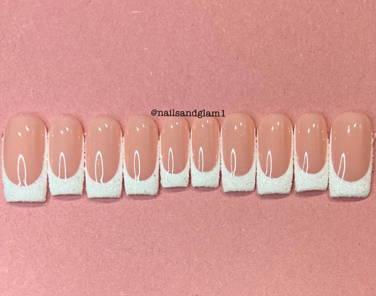 White Glitter French Tips | Press on Nails UK | Stick on Nails | Reusable | Customised | Handmade | Set of 10