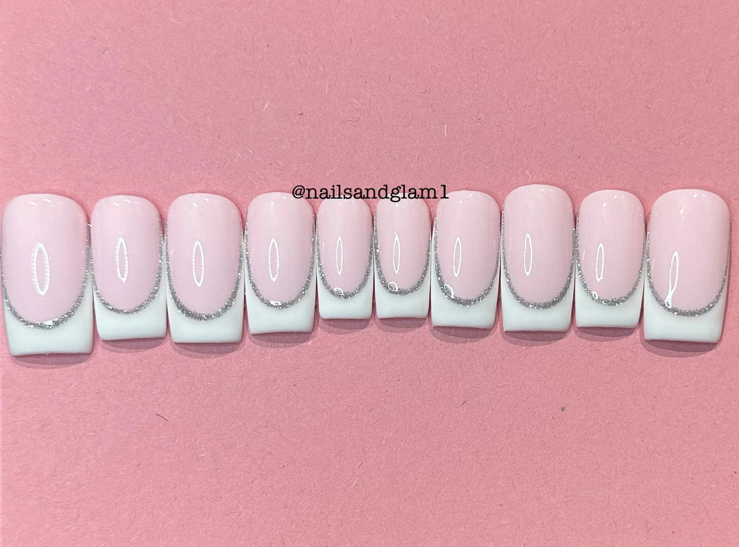 White French Tips with Silver Glitter Outline | Press on Nails UK | Stick on Nails | Reusable | Customised | Handmade | Set of 10