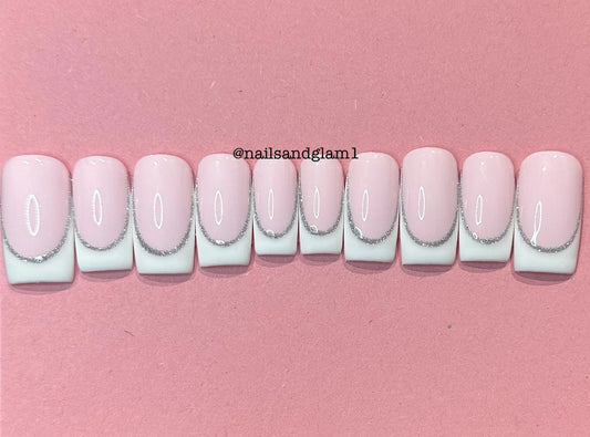 White French Tips with Silver Glitter Outline | Press on Nails UK | Stick on Nails | Reusable | Customised | Handmade | Set of 10
