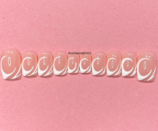 White Swirls | Press on Nails UK | Stick on Nails | Reusable | Customised | Handmade | Set of 10