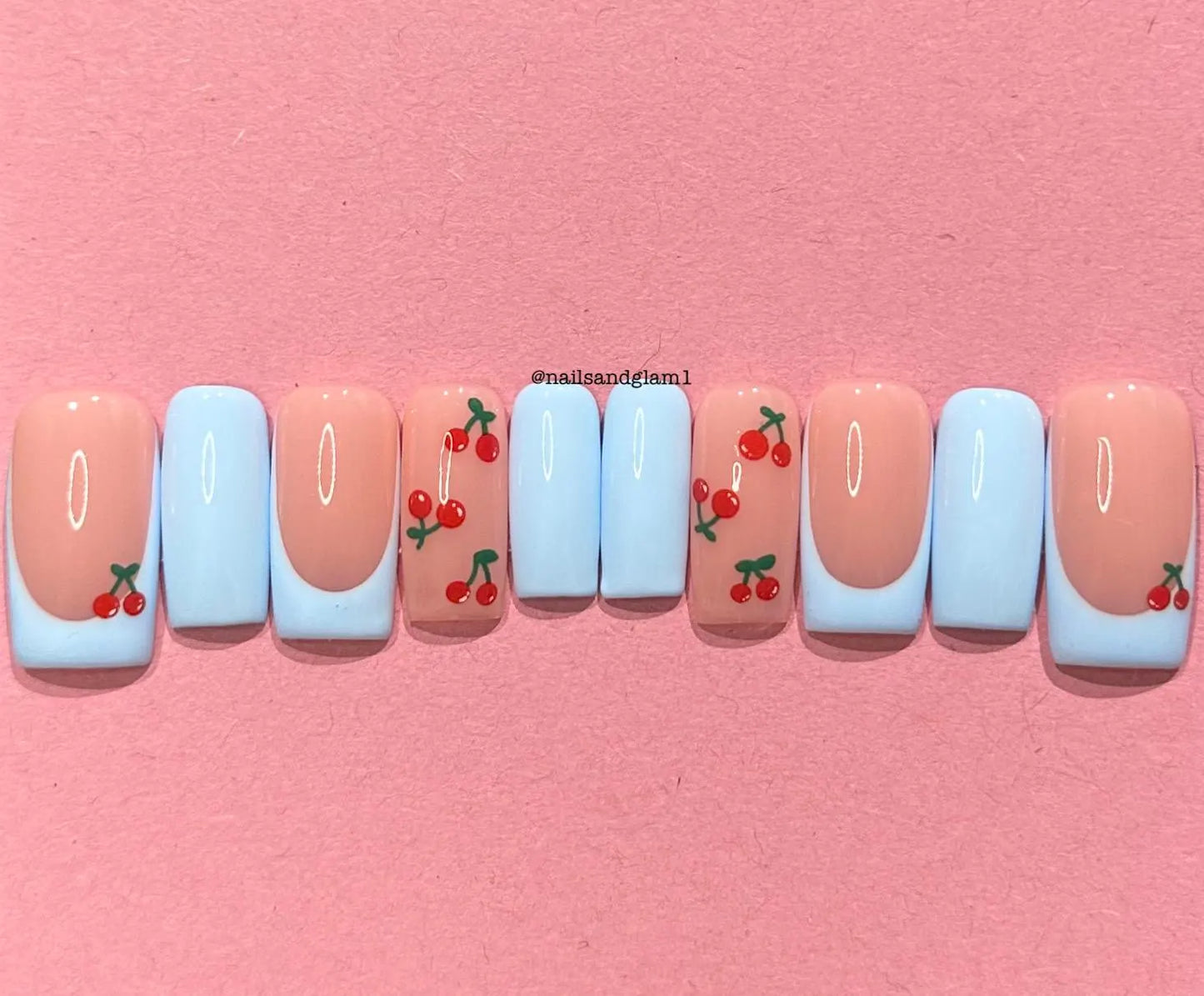 Blue French Tips with Cherries | Press on Nails UK | Stick on Nails | Reusable | Customised | Handmade |Set of 10