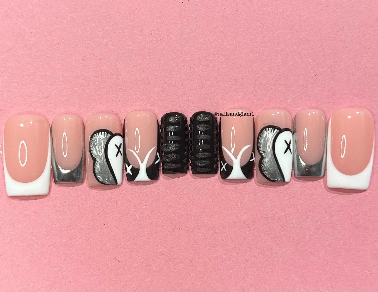 White, Silver & Black French Tips with Kaws Design | Press on Nails UK | Stick on Nails | Reusable | Customised | Handmade | Set of 10